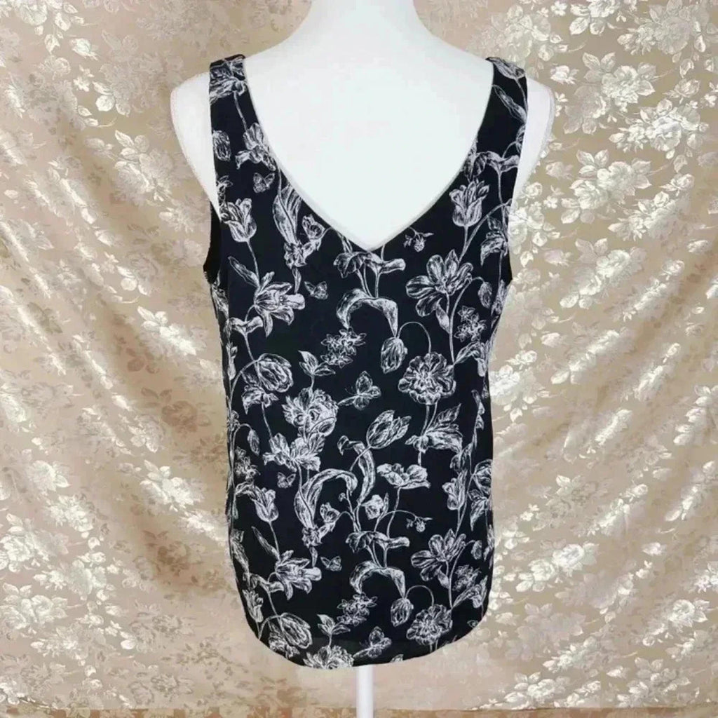 Halogen Black and White Floral Blouse Tank Top Business Casual Office Size S
