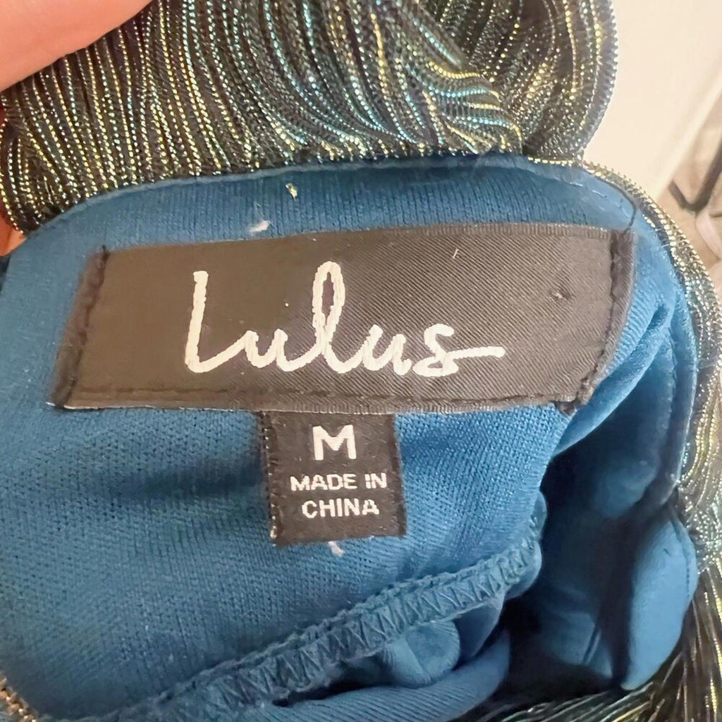 Lulus Ailey Gold and Teal Blue Metallic Skater Dress Women's Size M