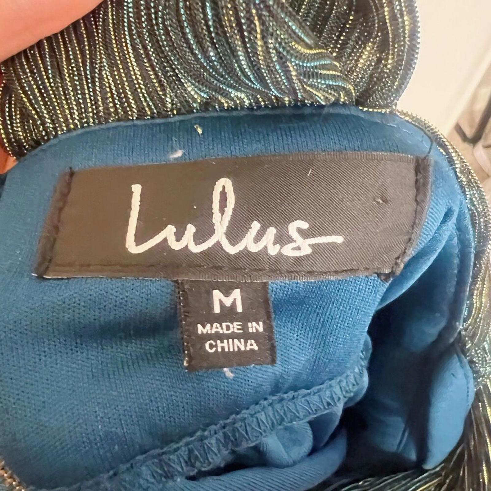 Lulus Ailey Gold and Teal Blue Metallic Skater Dress Women's Size M