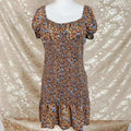 Wild Fable Brown Floral Smocked Dress Puffy Sleeves Women's Size L
