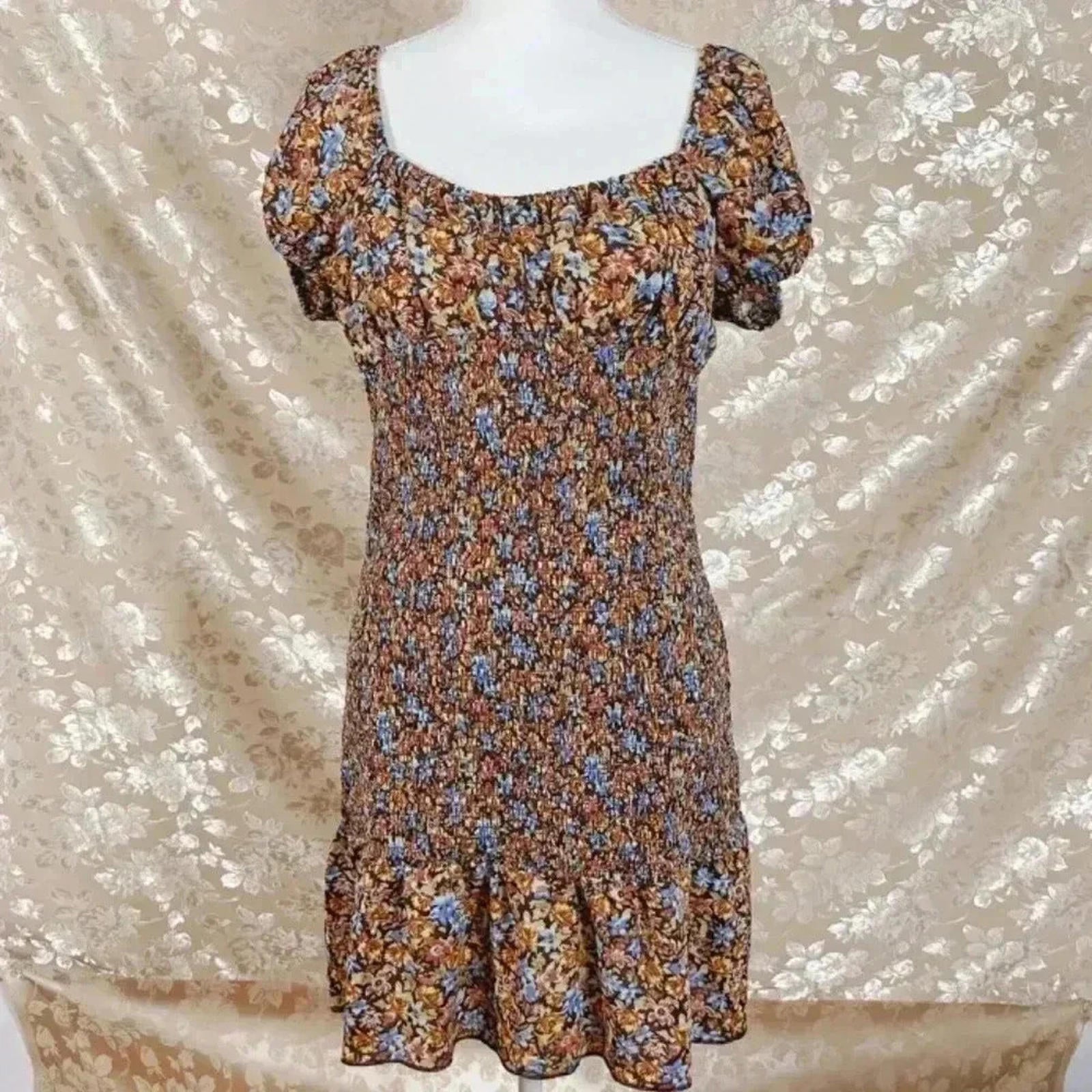 Wild Fable Brown Floral Smocked Dress Puffy Sleeves Women's Size L