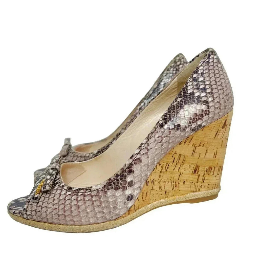 Prada Bow Leather Cork Wedge Peep Toe Pumps Snake Print Size 37.5 3KZ015