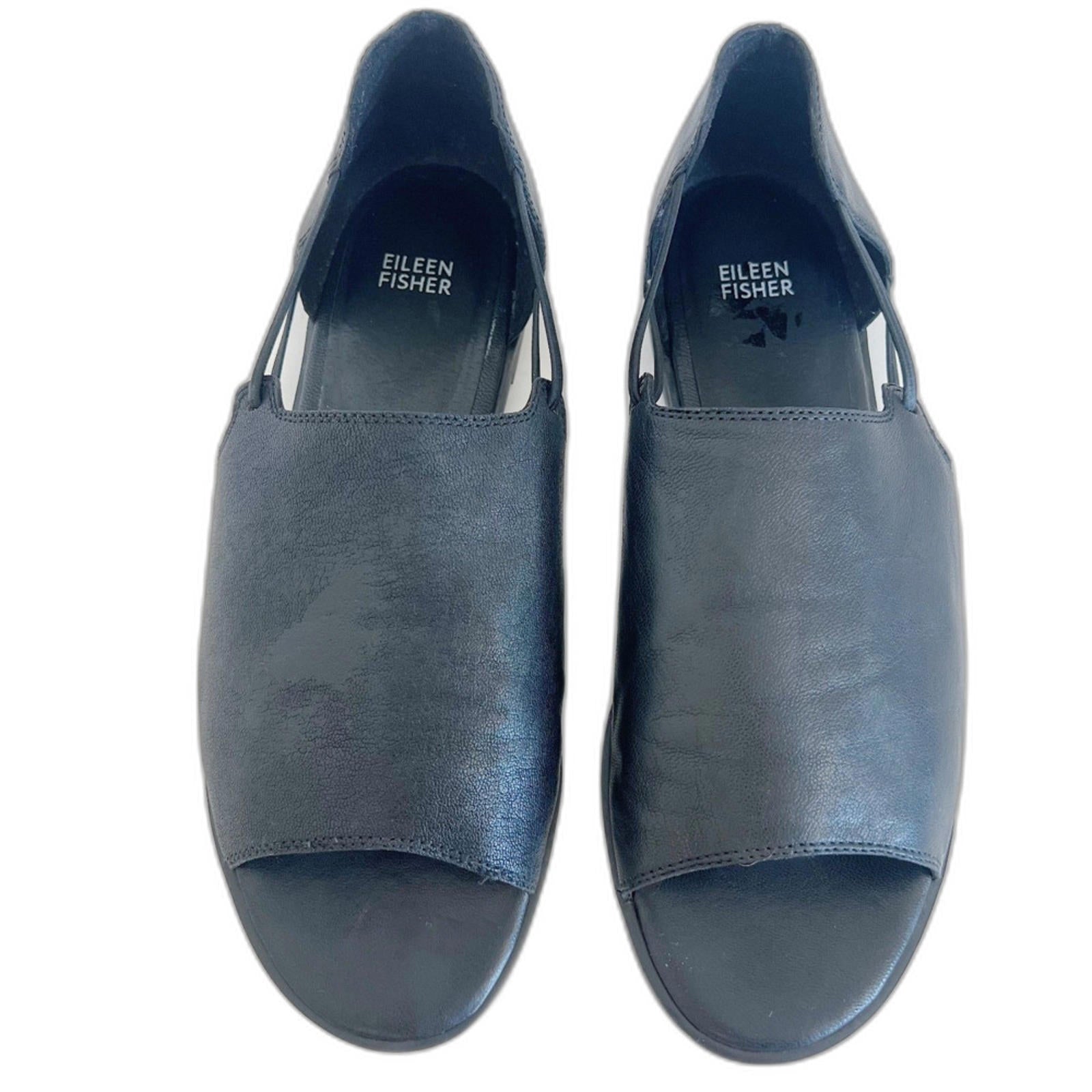 Eileen Fisher Black Leather D' Orsay Sandal Flats Women's Size 11