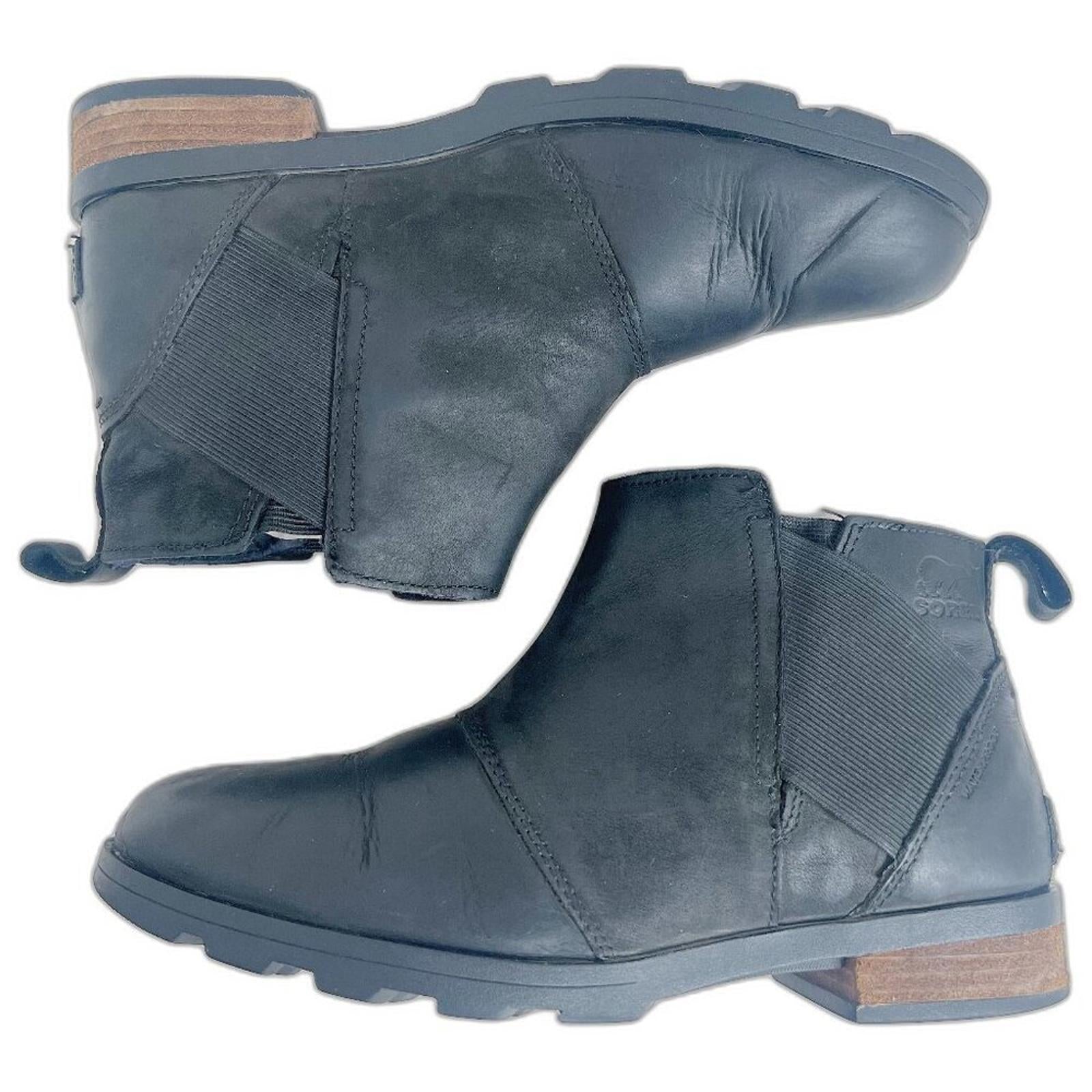 Sorel Emelie H2O Chelsea Boot Black Leather Waterproof Ankle Bootie Size 9