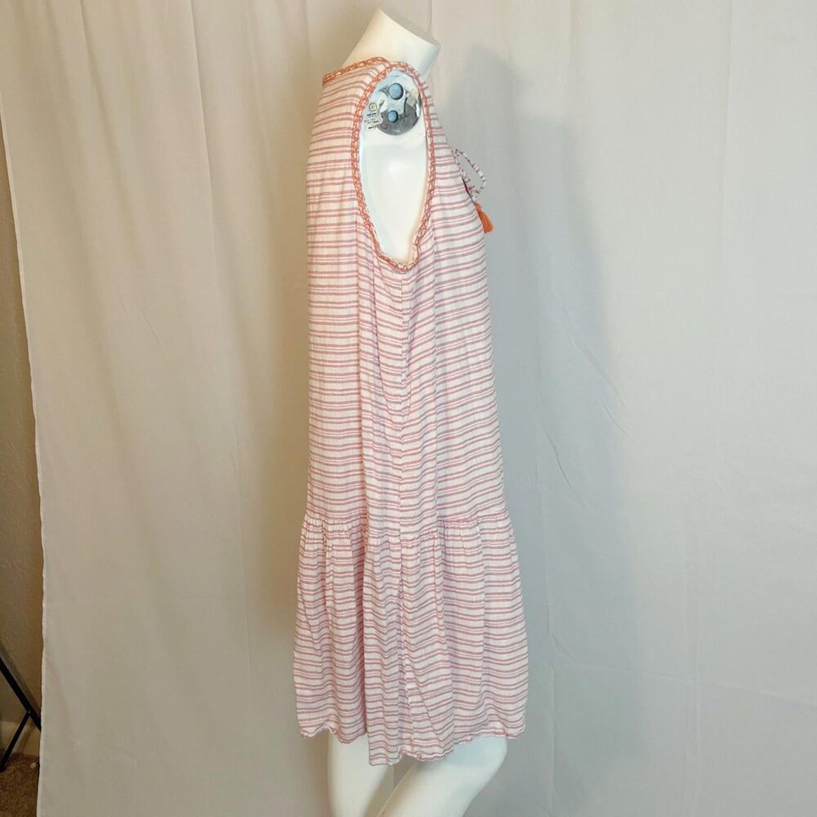 Beachlunchlounge Daphine Drop Waist Dress Linen Orange Striped Size XL