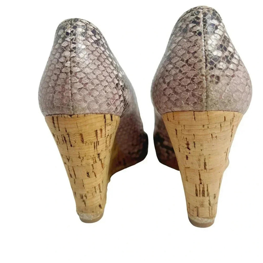 Prada Bow Leather Cork Wedge Peep Toe Pumps Snake Print Size 37.5 3KZ015