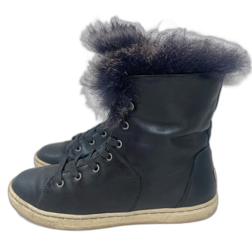 Ugg Australia Croft Black Leather Fur Lined Sneakers Women's Size 7