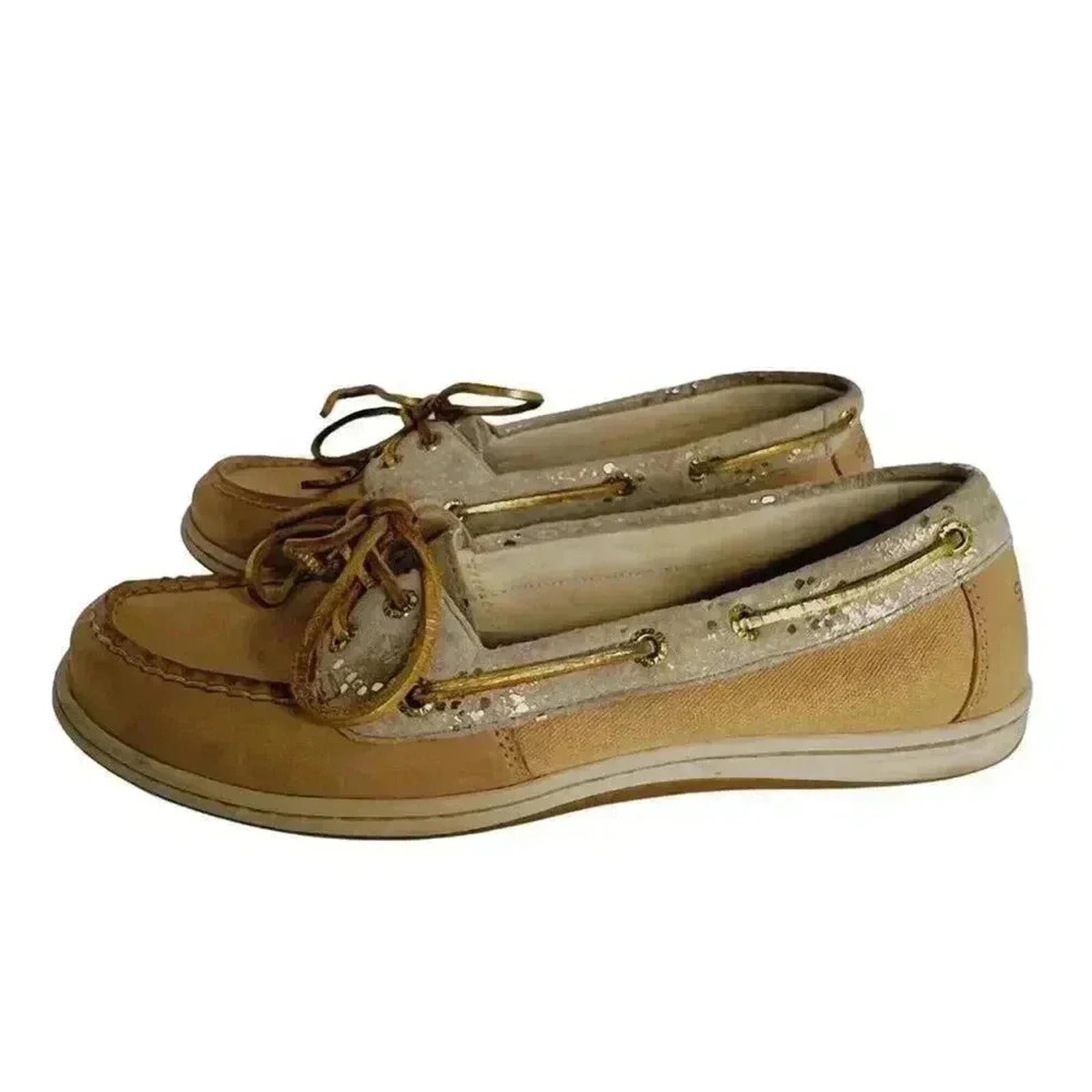 Sperry Top-Sider Tan Leather Boat Shoes Gold Details Preppy Old Money Size 9.5