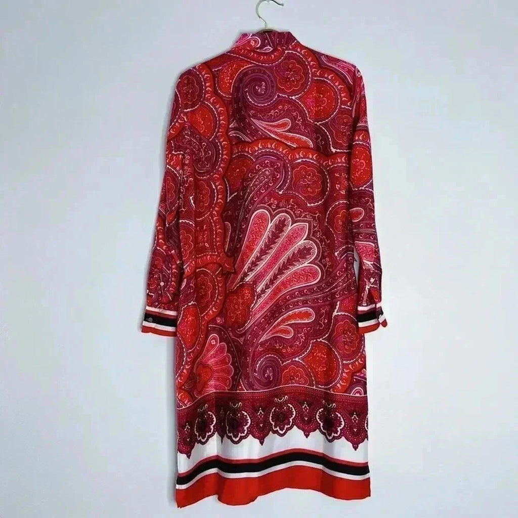 Ralph Lauren Red Paisley Satin Scarf Dress Long Sleeves Women's Size 12