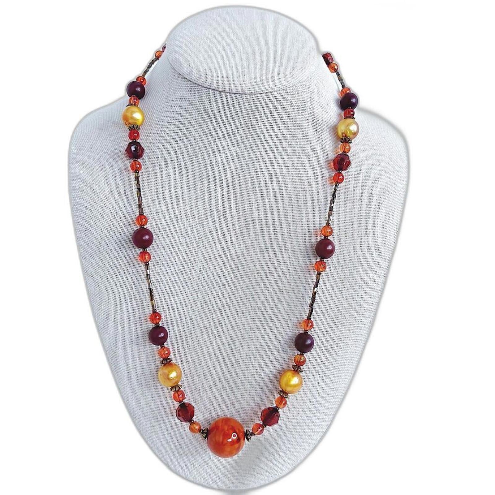 Vintage Flapper Necklace Orange Gold Red Beaded Statement Necklace