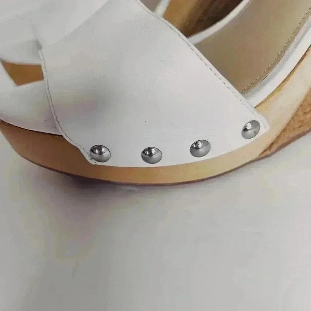 Via Spiga White Leather Wedges Woven Sandal Heels Women's Size 8