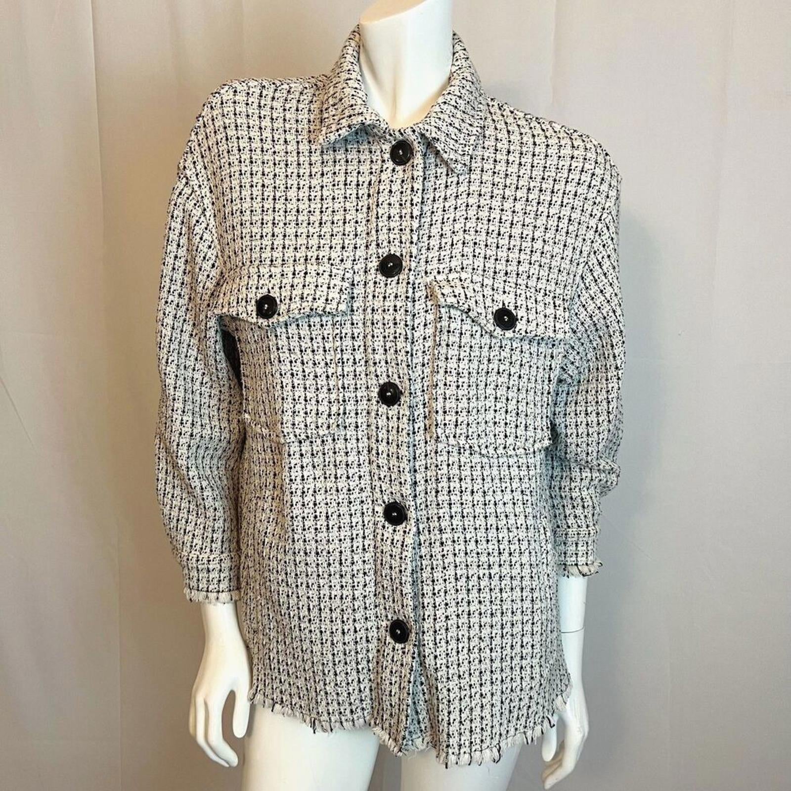 Zara Black White Tweed Overshirt Button Up Jacket Chanel Inspired Size S