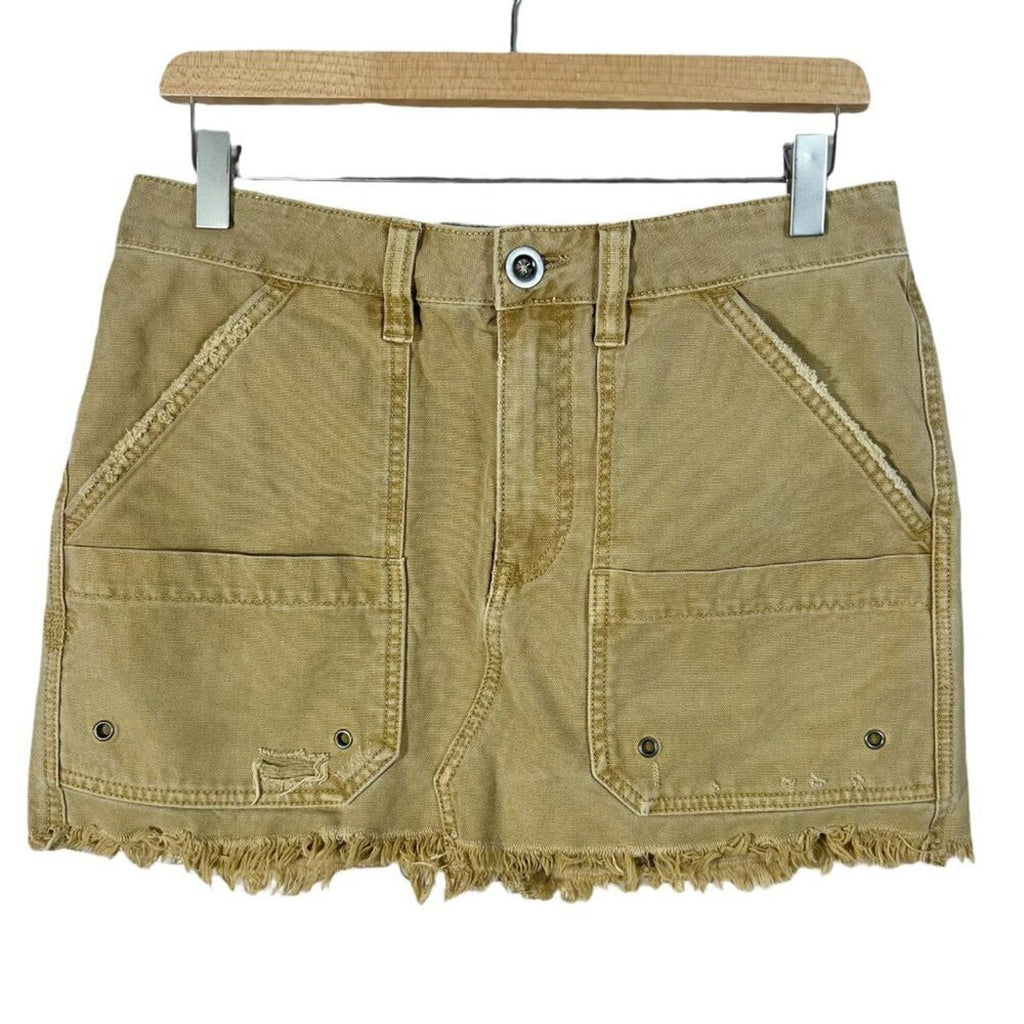 Free People Cargo Khaki Cargo Mini Skirt Distressed Raw Hem Tan Women's Size 28