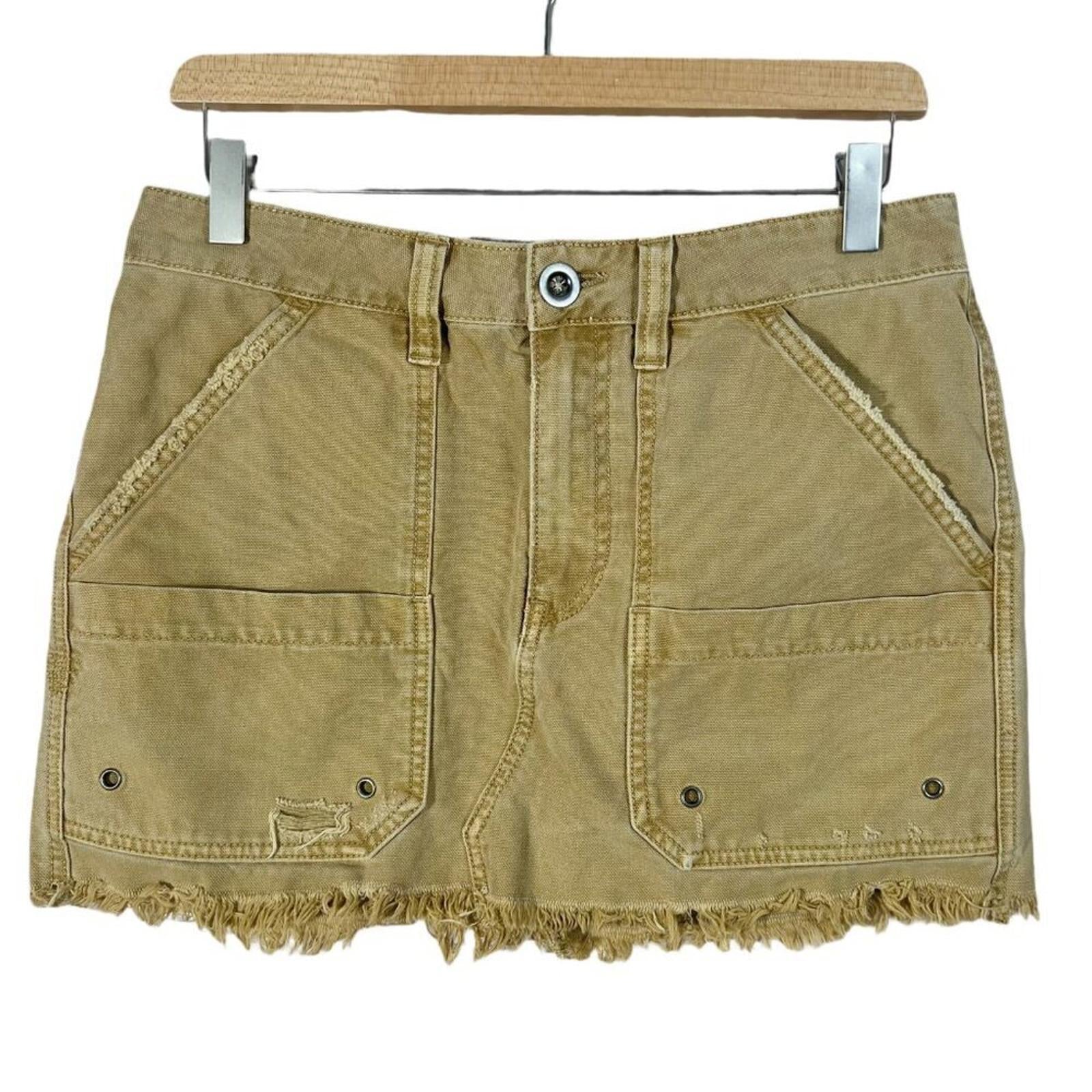 Free People Cargo Khaki Cargo Mini Skirt Distressed Raw Hem Tan Women's Size 28
