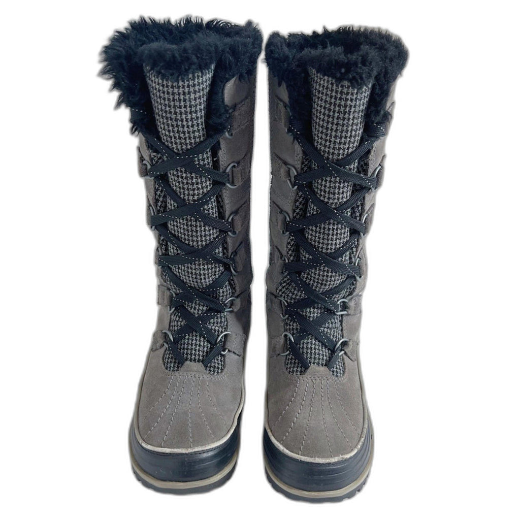 Sorel Joan of Arctic Winter Boots Grey and Black Houndstooth Fur Lined Size 7.5