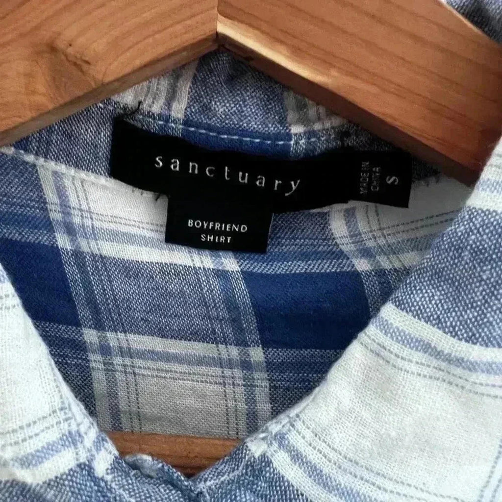 Sanctuary Blue White Plaid Long Sleeve Button Up Blouse Western Women's Size S