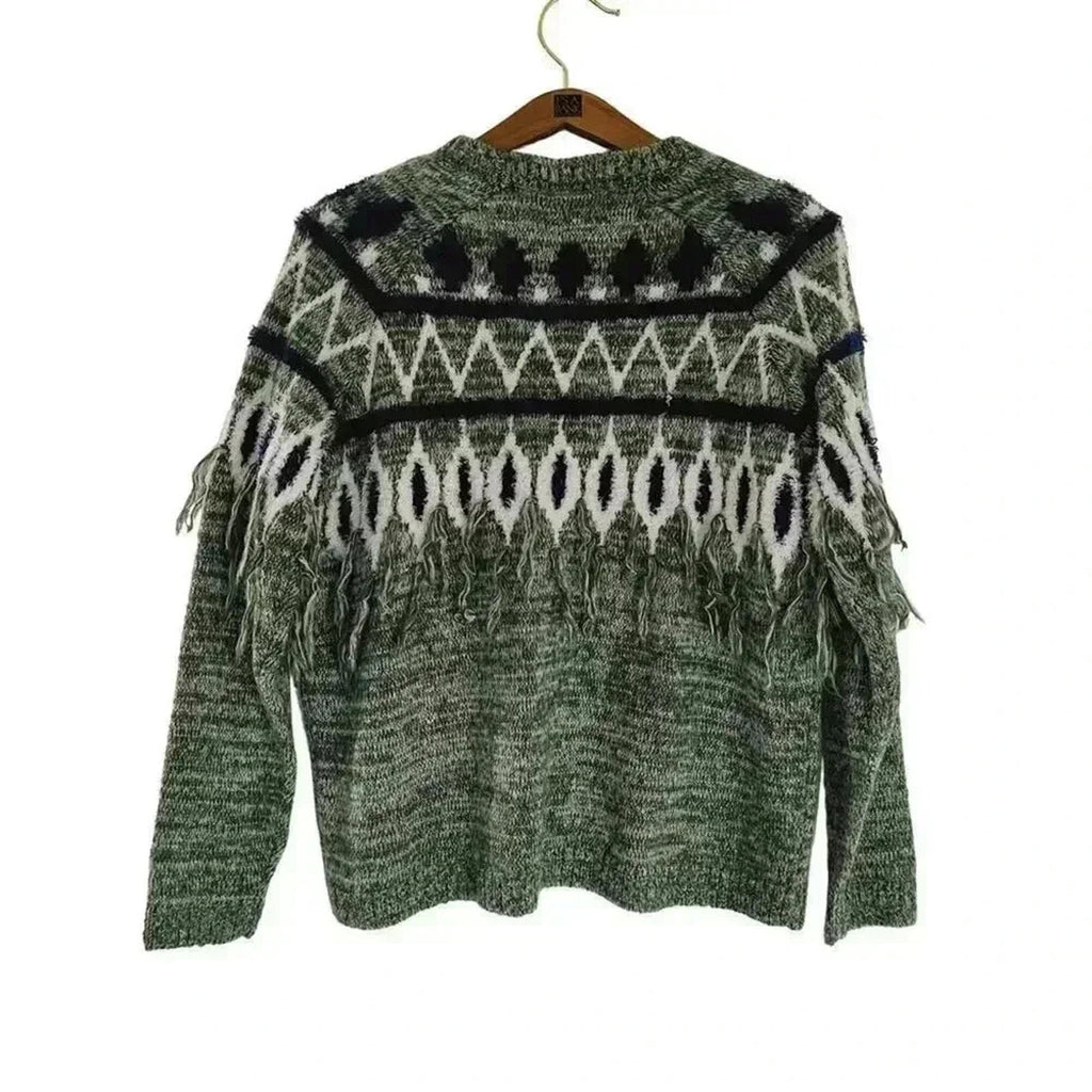 Kensie Green Sweater With Blue White Geometric Print Tassels Knit Size M