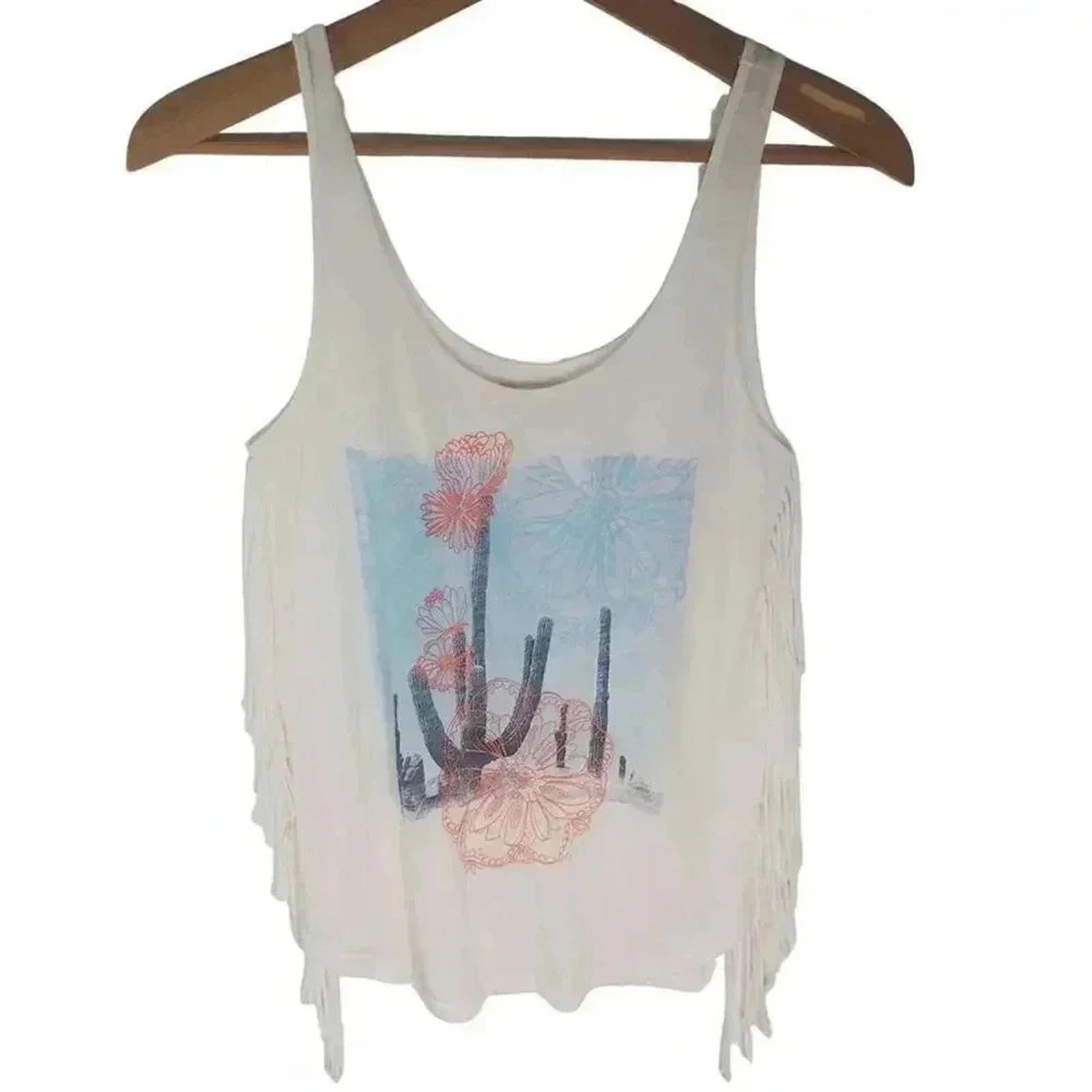 Hollister Off White Cactus Embroidered Fringe Tank Top Western Festival Size S