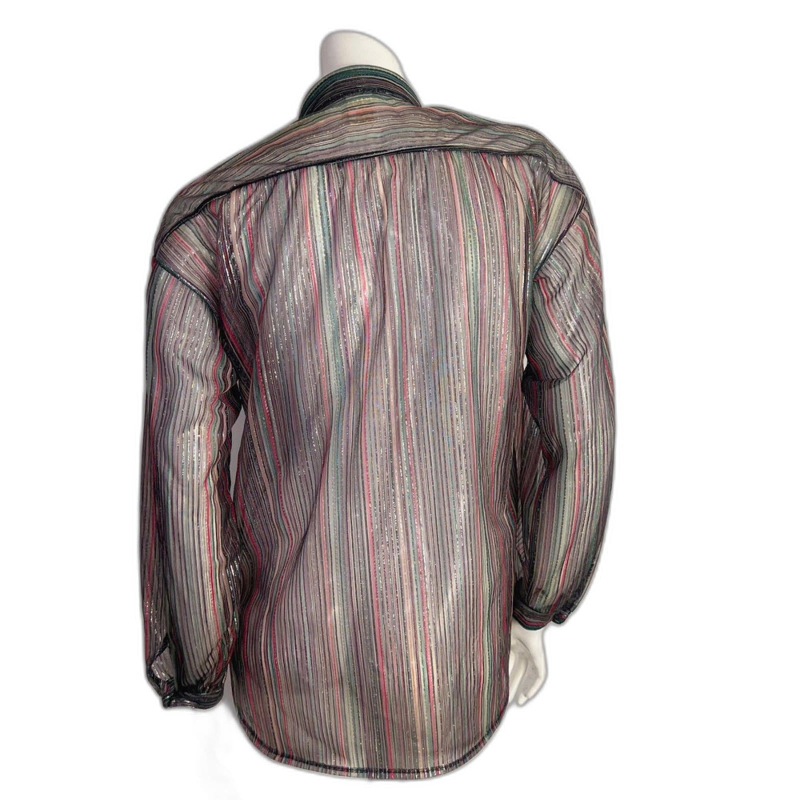 Vintage 1970s Jantzen Metallic Striped Button Down Shirt Sheer Disco Size 12