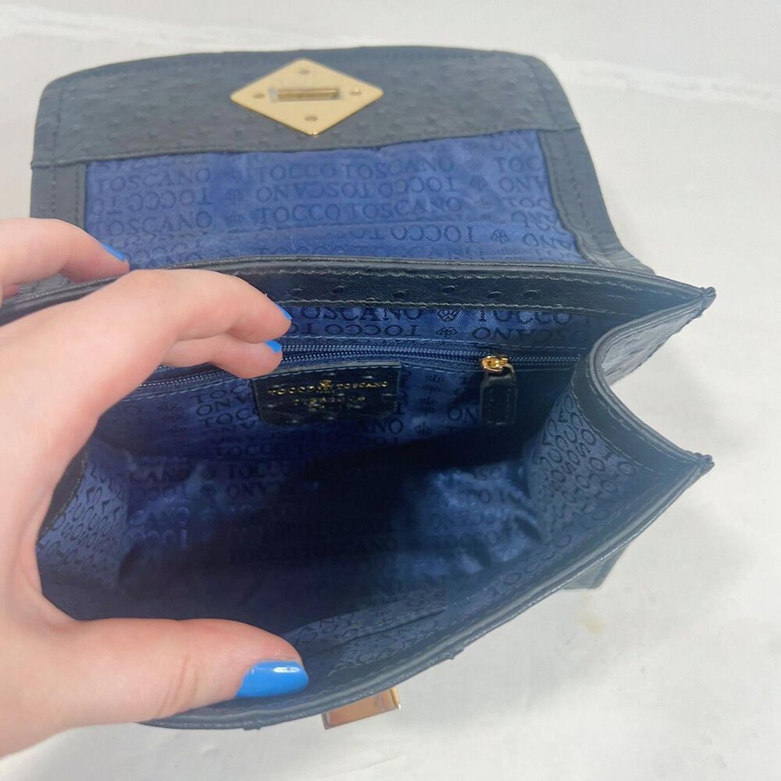 Vintage Tocco Toscano Black Ostrich Leather Structured Crossbody Bag Gold Chain