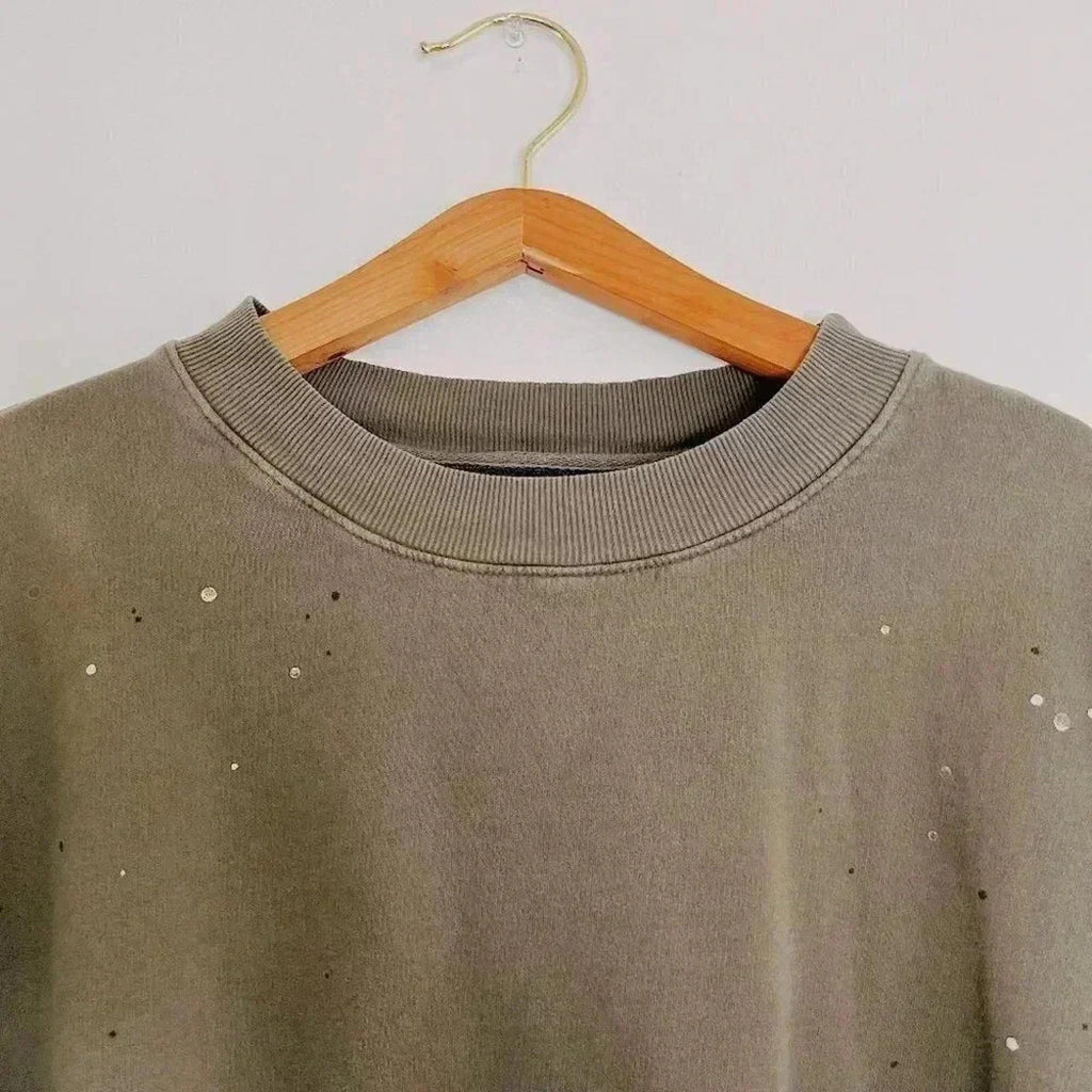 Sundry Army Green Gold Paint Splattered Crewneck Sweatshirt Distressed Size 4
