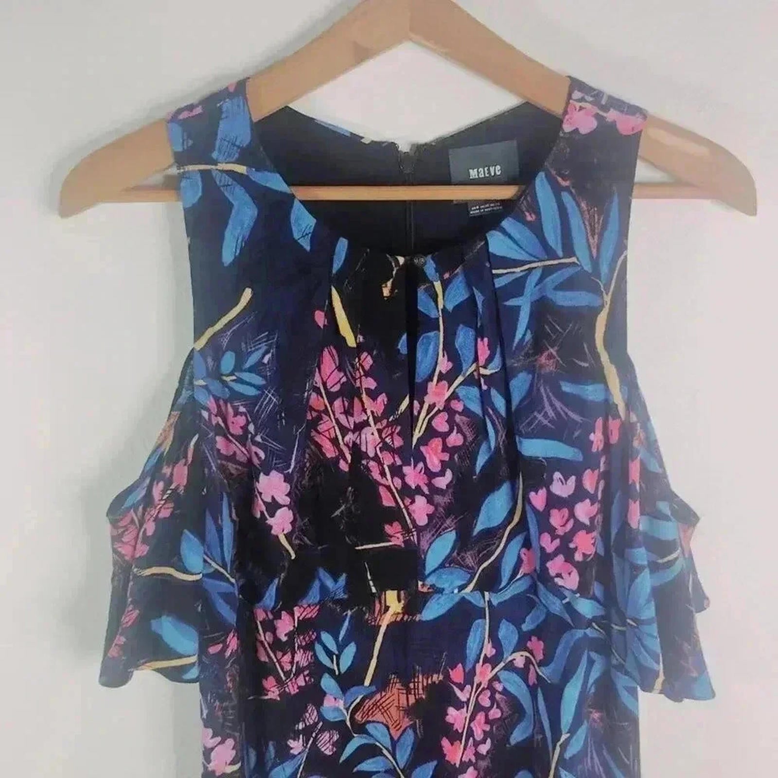 Anthropologie Maeve Cold Shouldered Navy Blue Pink Floral Dress Women's Size 6