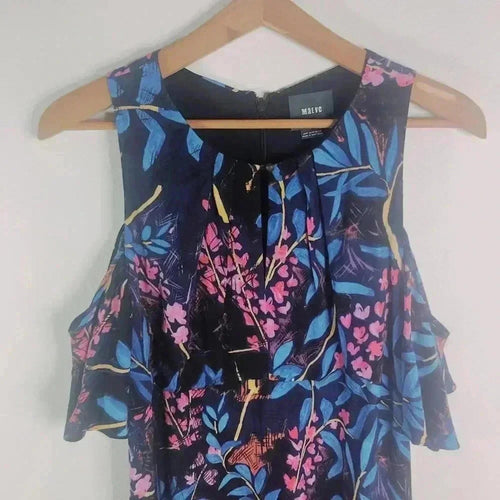 Anthropologie Maeve Cold Shouldered Navy Blue Pink Floral Dress Women's Size 6