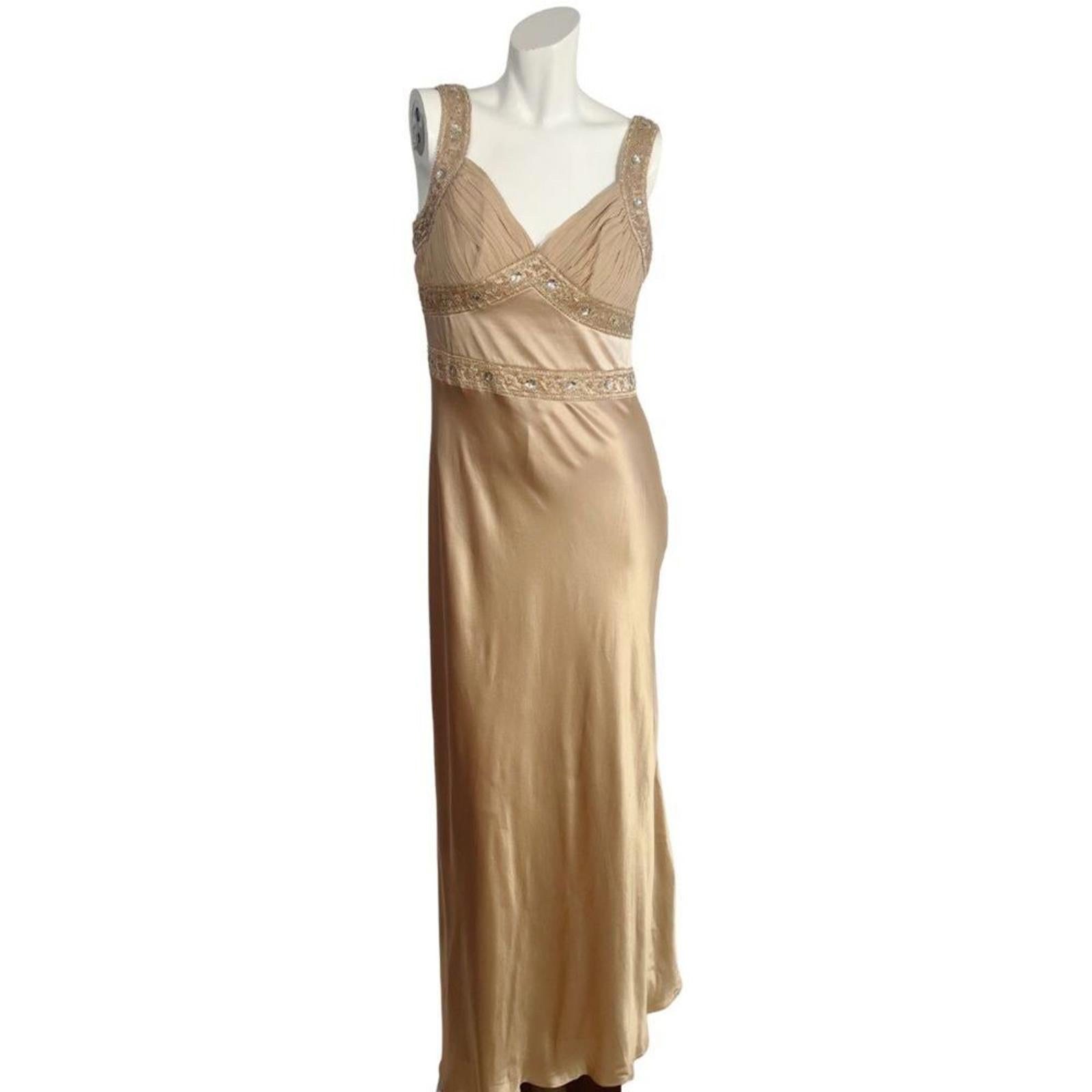 y2k Vintage Silk Dusk Collection Champagne Gold Hand Beaded Evening Gown Size 10