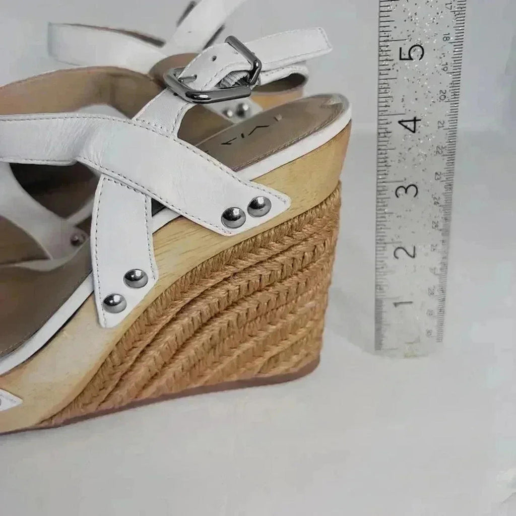 Via Spiga White Leather Wedges Woven Sandal Heels Women's Size 8