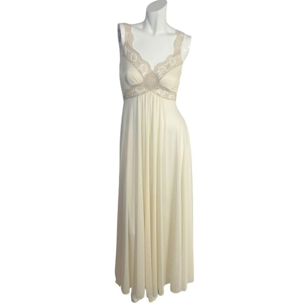 Olga Bodysilk 1970s Vintage Cream Lace Bodice Long Nightgown Neglige Slip Size S