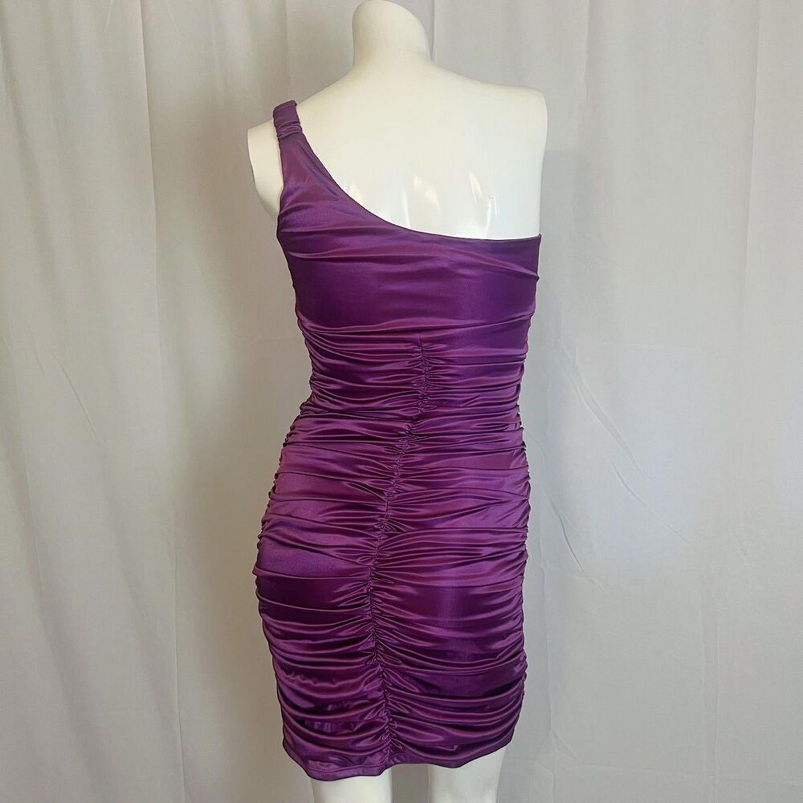 y2k Vintage Poly USA Shiny Purple Ruched Asymmetrical Bodycon Dress Size S