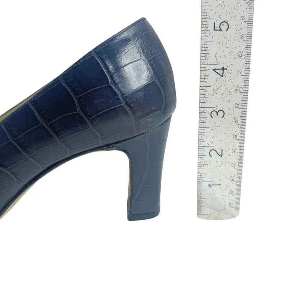 Escada Vintage Navy Blue Crocodile Rounded Toe Pumps Women's Size 8.5