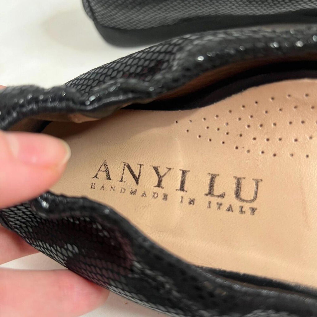 Anyi Lu Harmony Peep Toe Ballet Flat Black Snakeskin Leather Size 36.5 EU 6.5 US