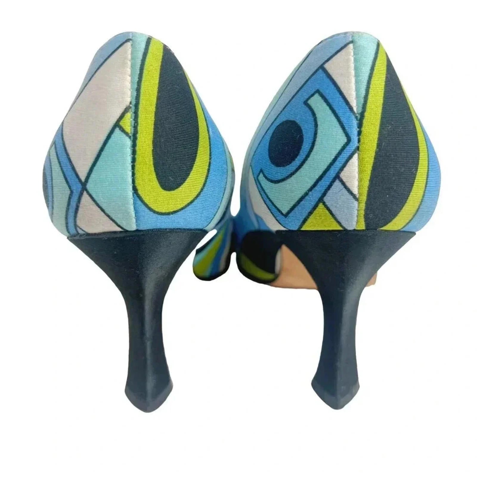 Y2K Vintage Karen Scott Blue and Green Mod Print Pumps Women's Size 6.5