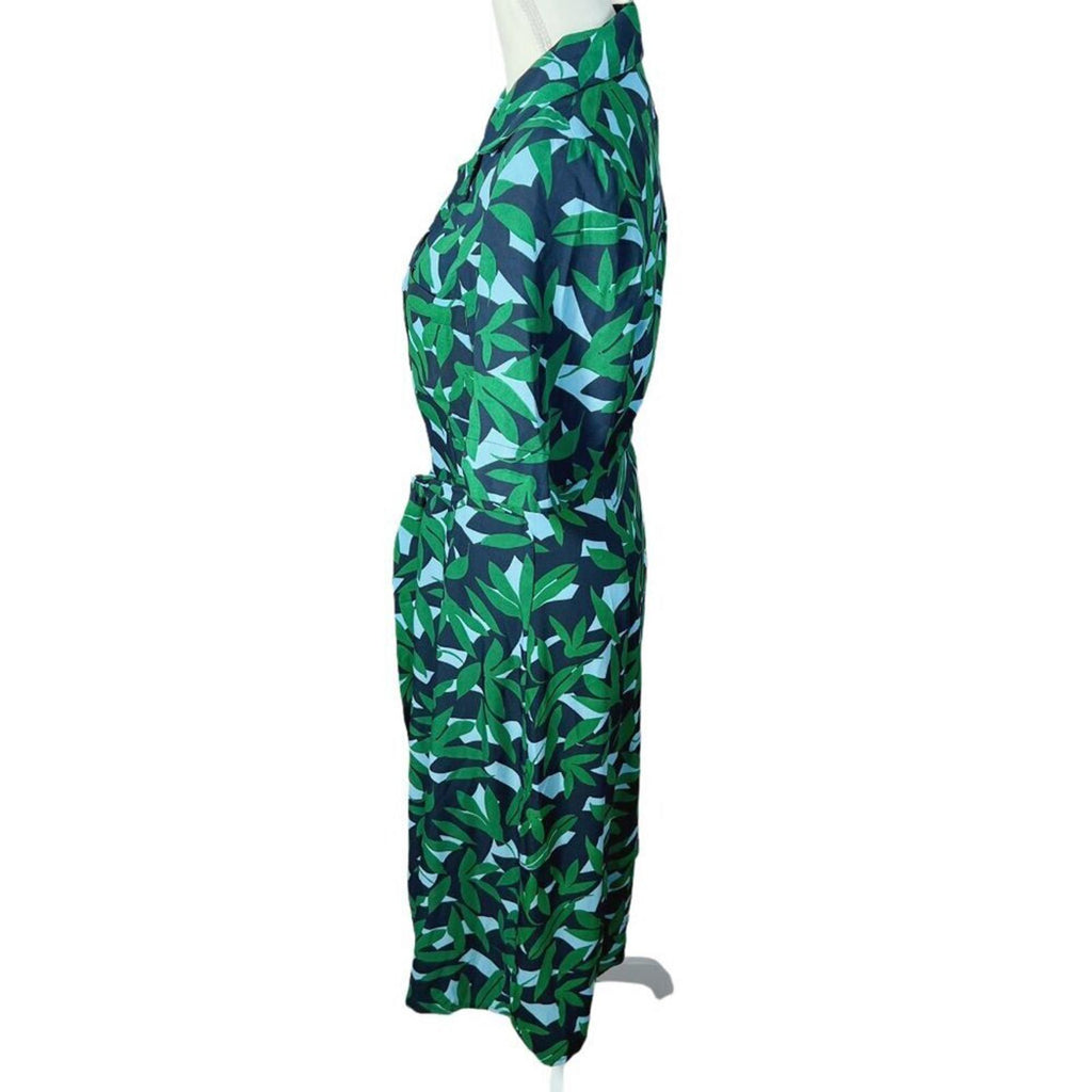 Walter Baker Valencia Dress in Green Short Sleeve Button Up Leaf Print Size M