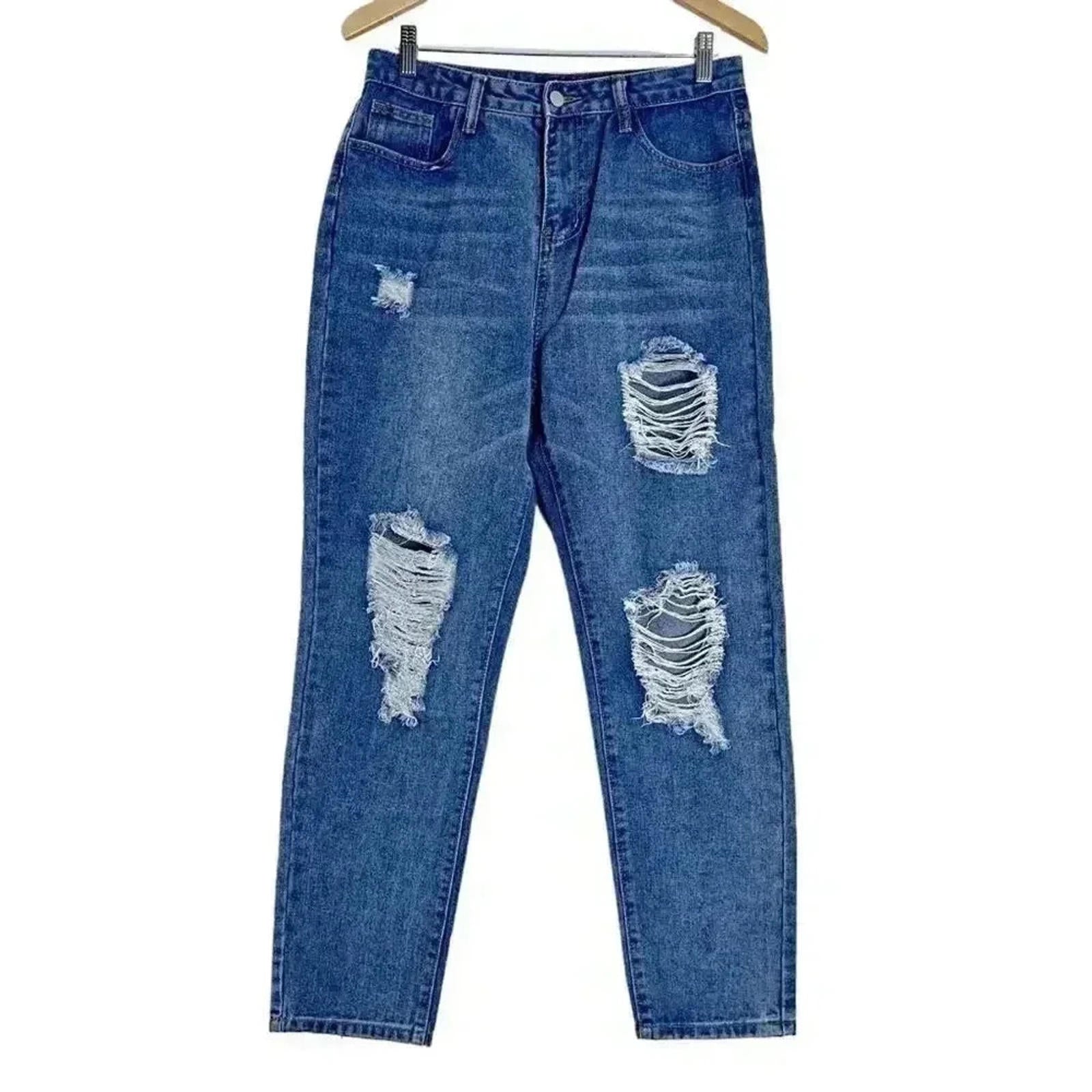 NWOT Distressed High Rise Mom Jeans Straight Leg Medium Wash Women's Size M